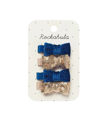Set 4 mollette a pinza con fiocchetti velluto blu e pailettes oro Rockahula