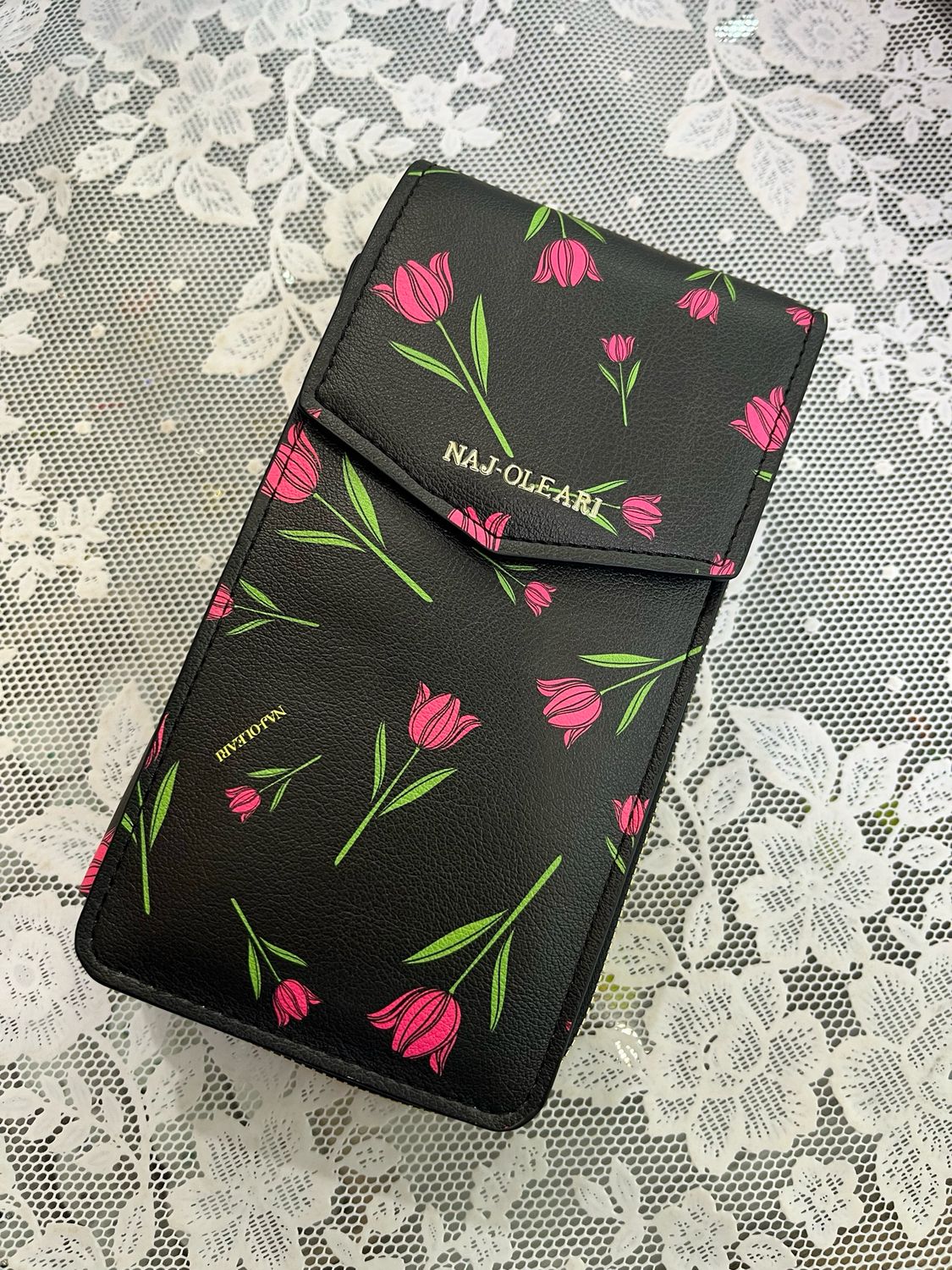 Porta cellulare con tracolla tulipani fondo nero Naj-Oleari