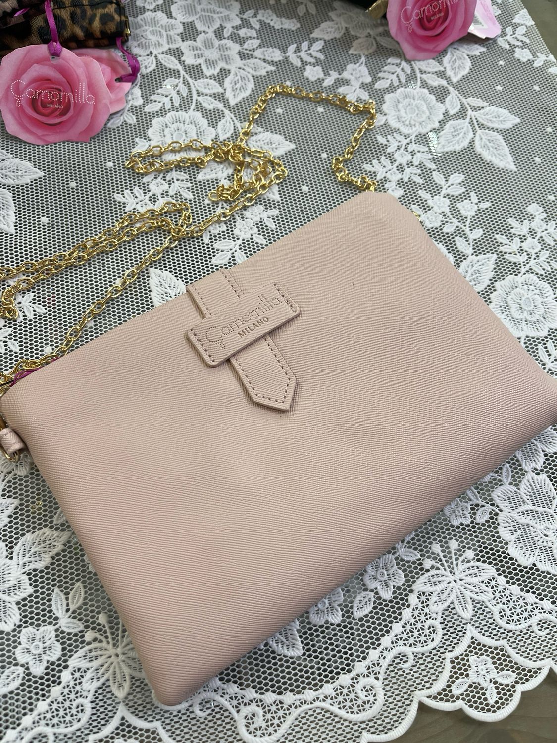 Tracollina piatta Camomilla Milano ecopelle saffiano rosa