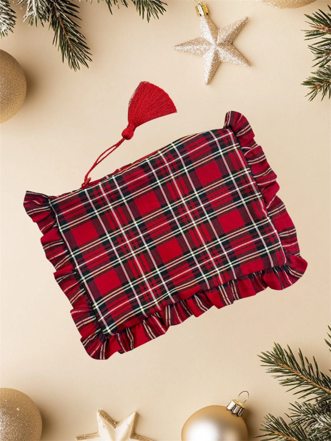 Beauty pochette tartan con ruches