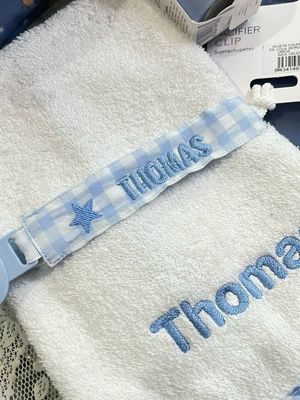 Portaciuccio Tutete in cotone con clip quadretti celeste personalizzabile