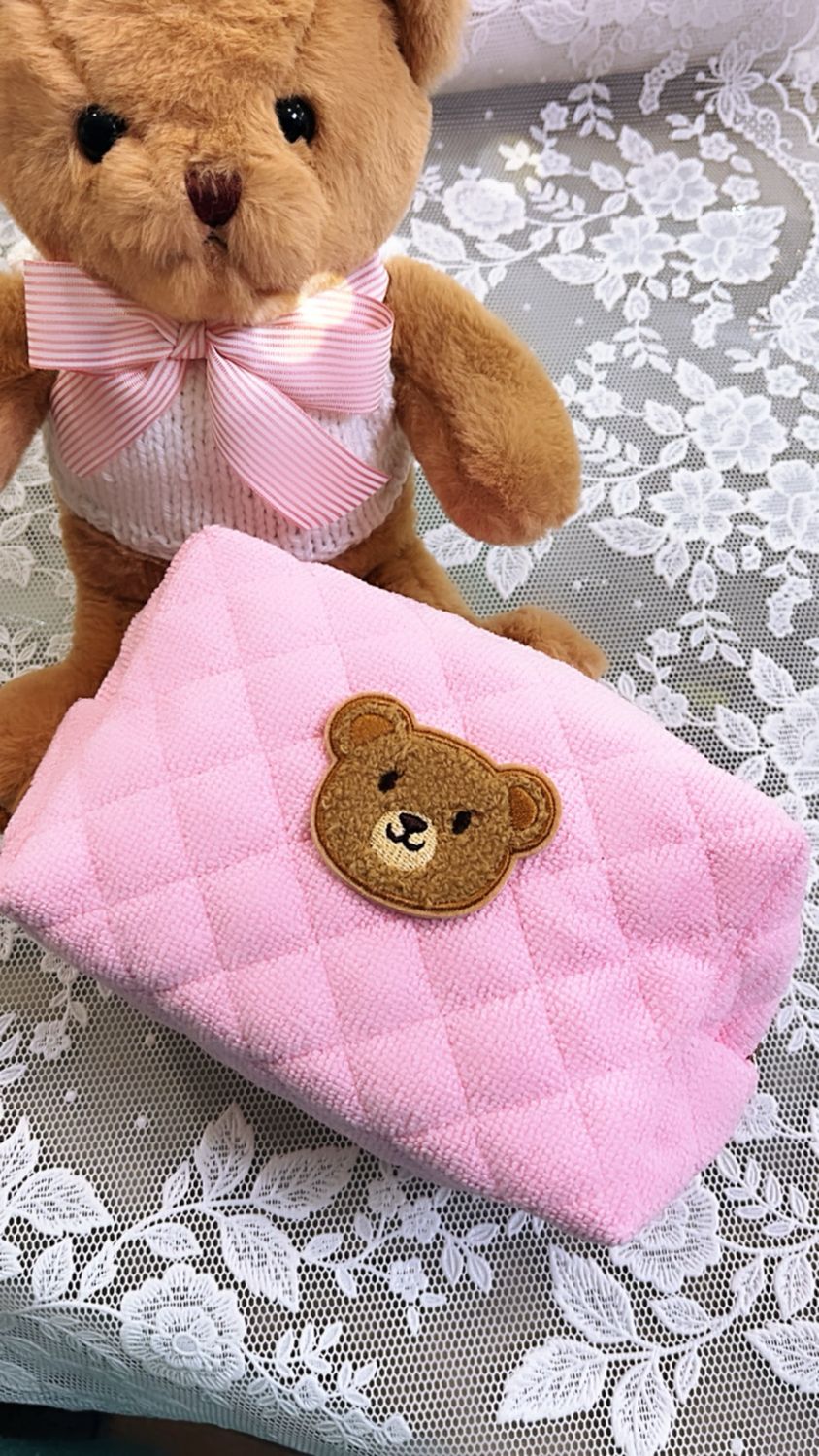 Necessaire rettangolare in microspugna rosa con orsetto personalizzabile