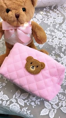 Necessaire rettangolare in microspugna rosa con orsetto personalizzabile