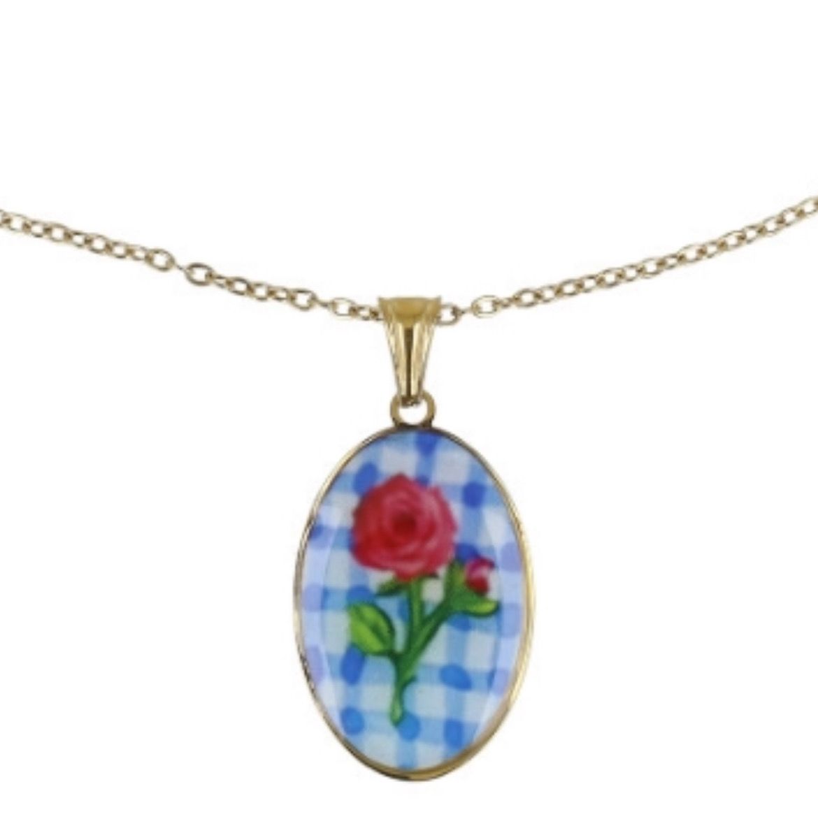 Catenina cameo ovale rosa su fondo vichy azzurro