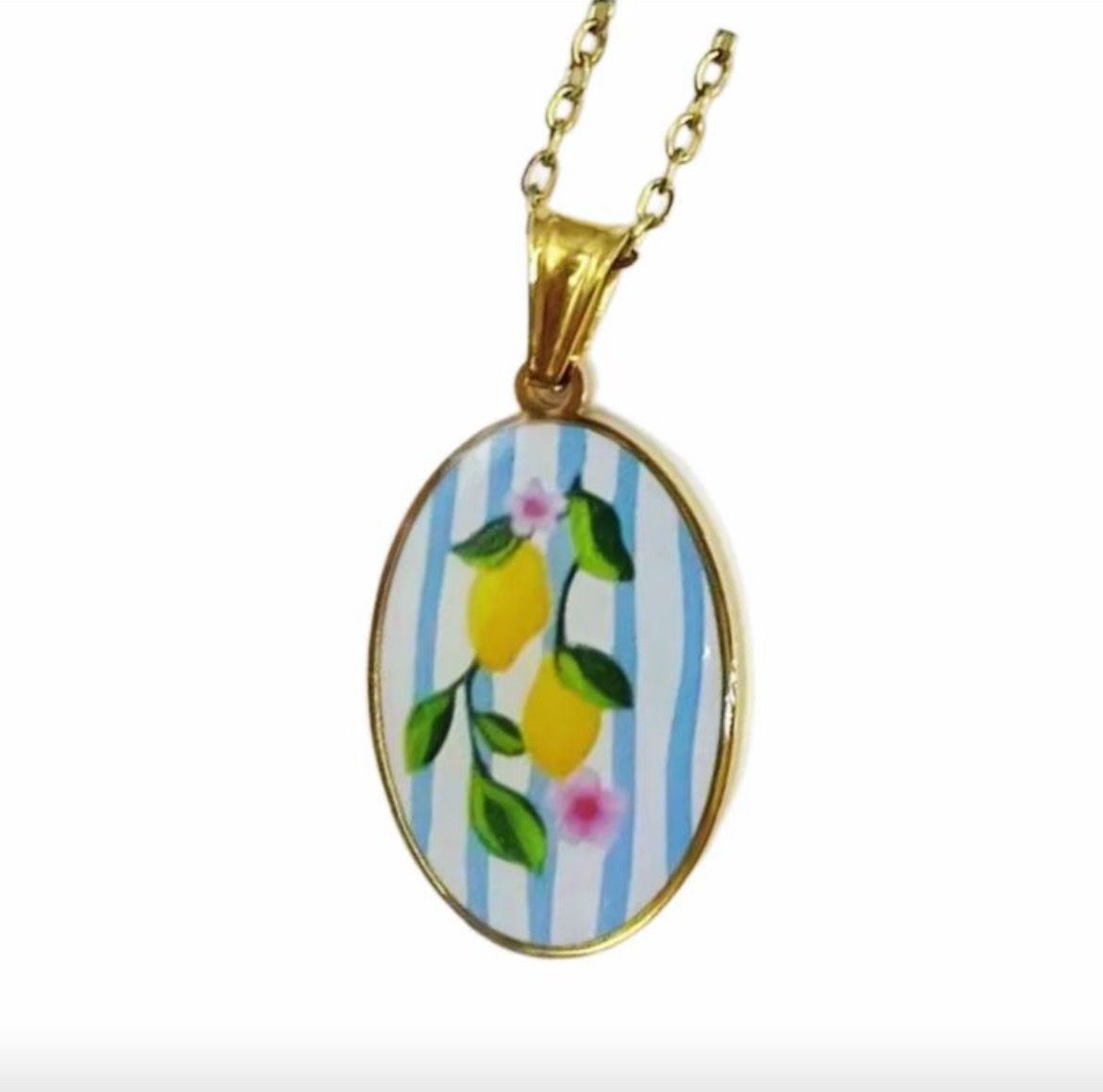 Catenina cameo ovale limoni su fondo a righe