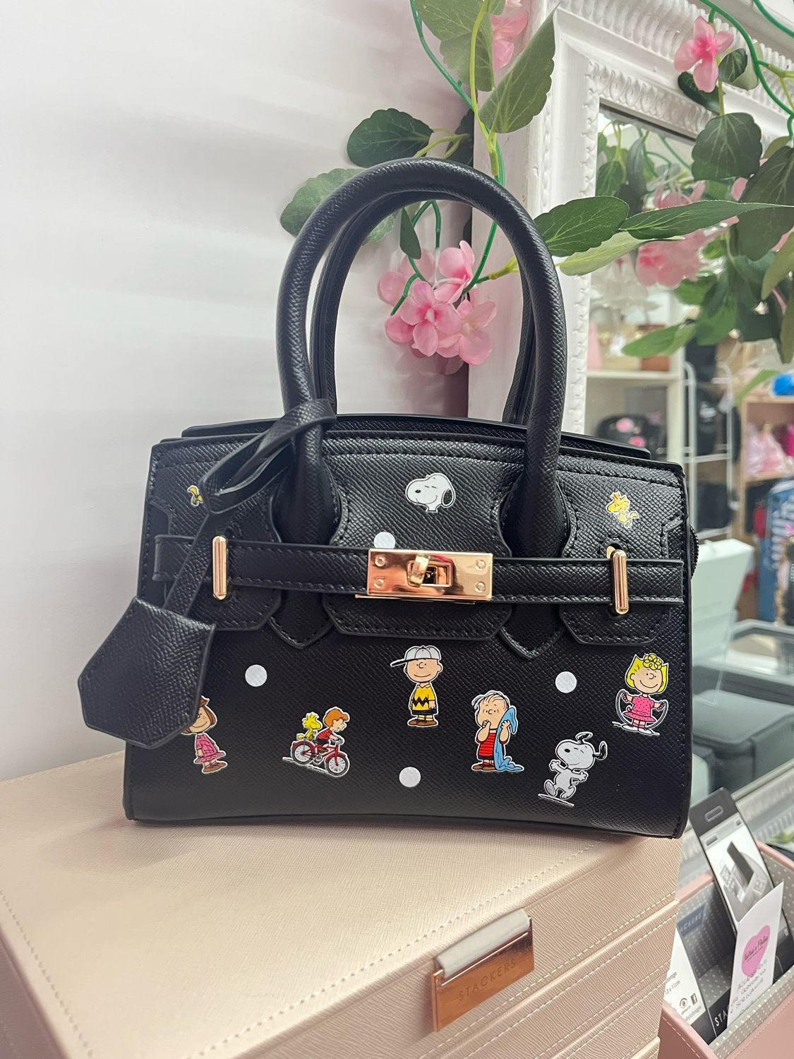 Borsa in ecopelle Charlotte nera versione 2 Peanuts pois bianchi