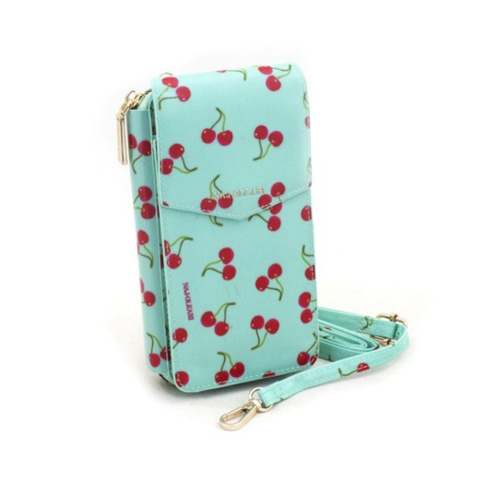 Porta cellulare con tracolla cherry fondo verdeacqua Naj-Oleari