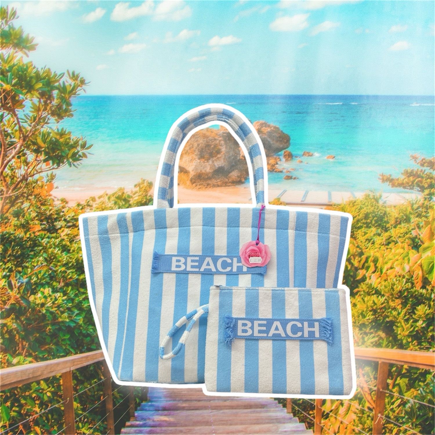 Set borsa mare L spugna righe azzurra e busta piatta Camomilla Milano 22169