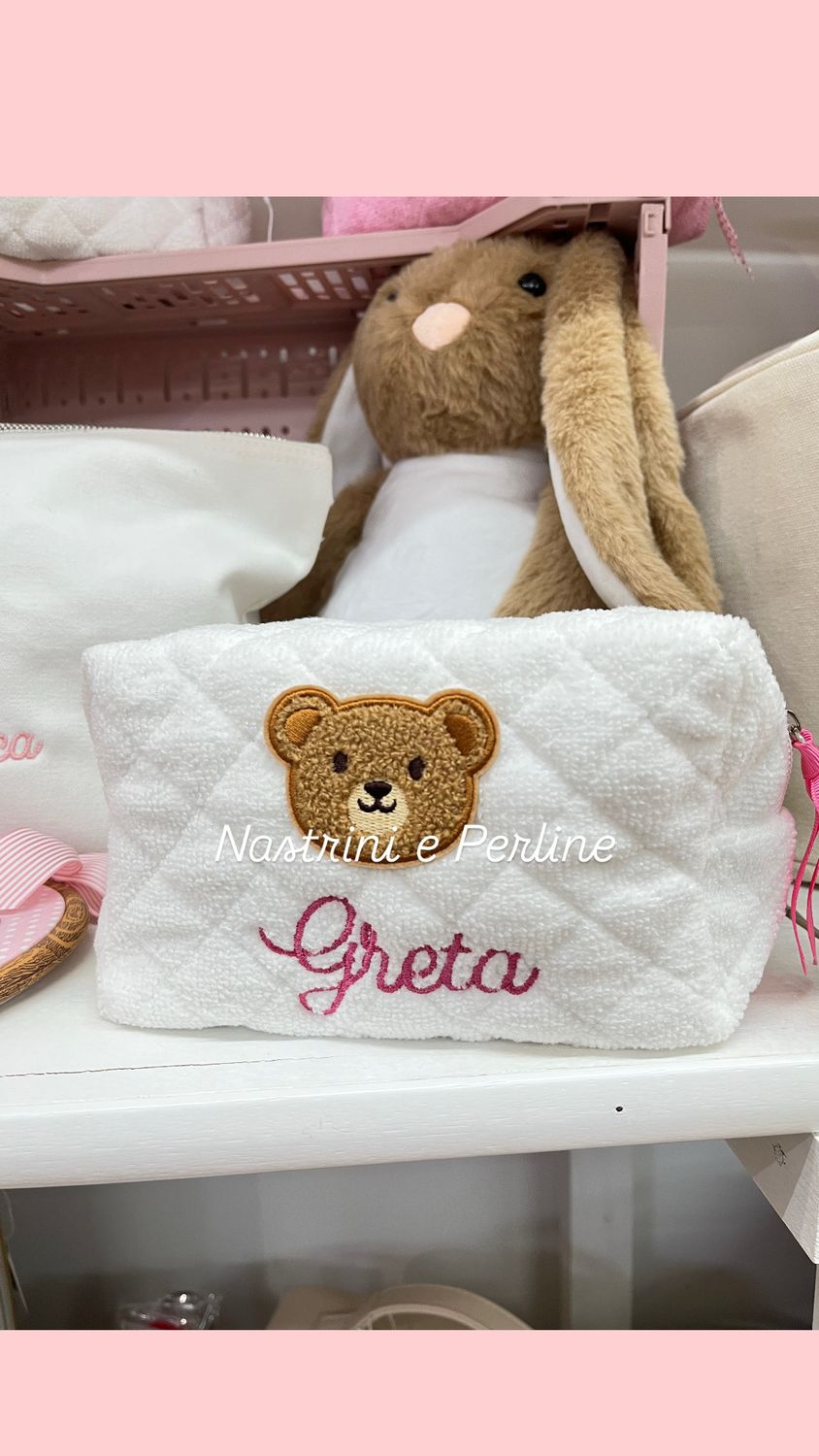 Necessaire rettangolare in microspugna bianco con orsetto personalizzabile