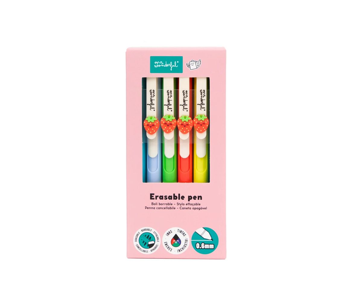 Set di 4 penne cancellabili Mr Wonderful con charm – Fragole