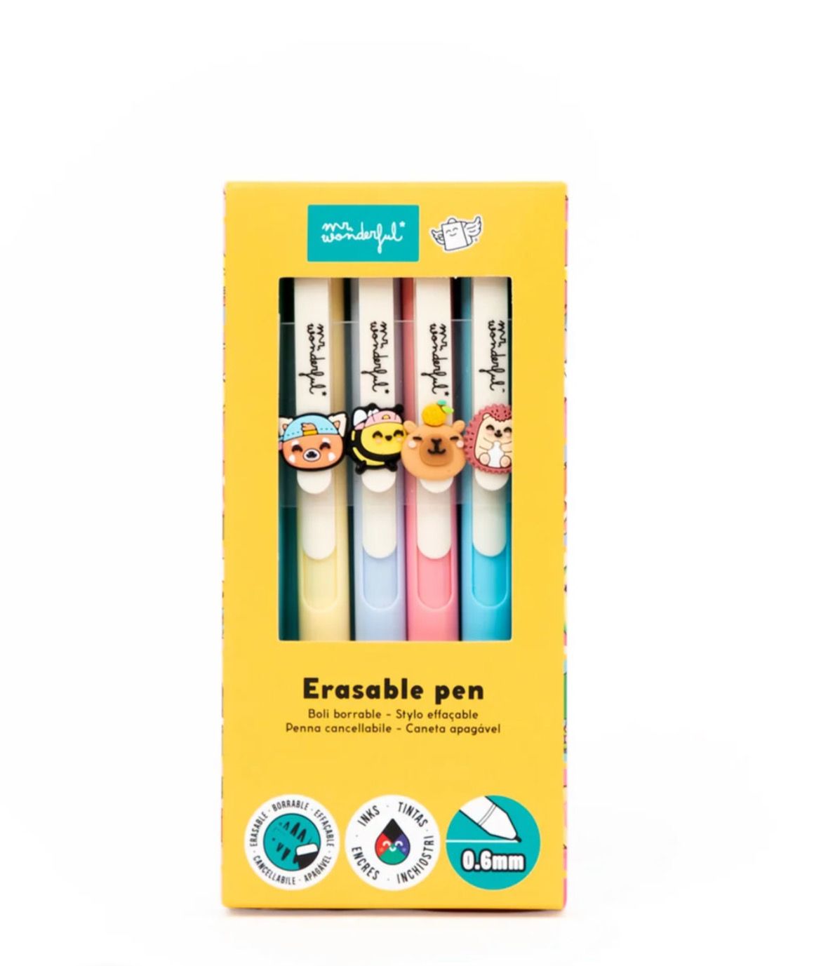 Set di 4 penne cancellabili Mr Wonderful con charm – Panda rosso, ape, capibara e riccio