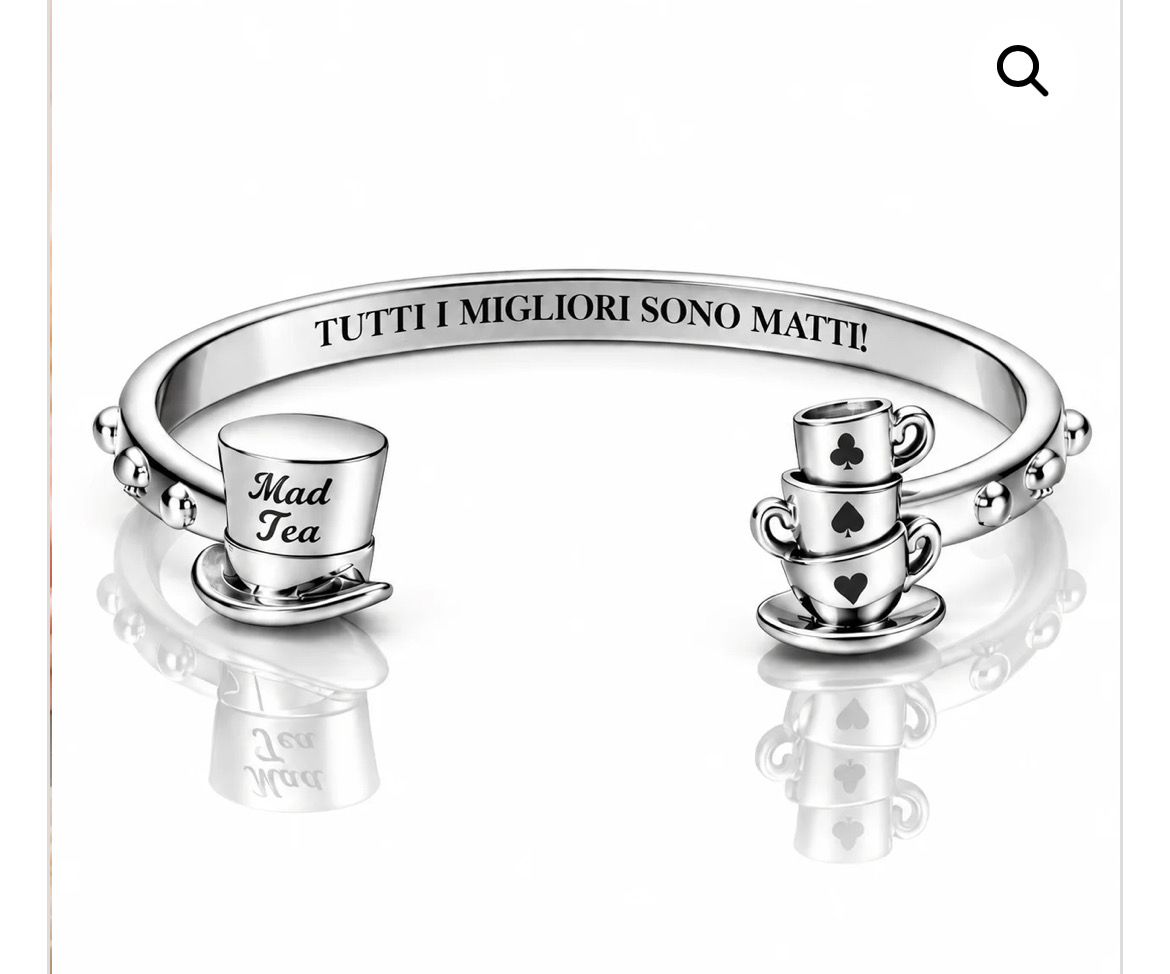 Bracciale rigido color argento cilindro e tazzine Tutti i migliori sono matti Mad Tea