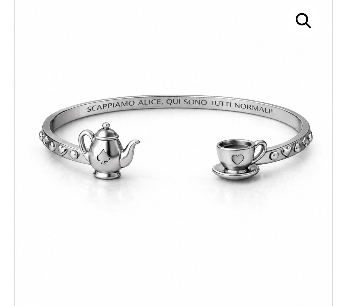 Bracciale rigido color argento teiera e tazzina Scappiamo Alice, qui sono tutti normali Mad Tea