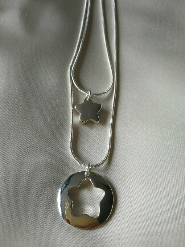 2 COLGANTES SUPERPUESTOS DE ESTRELLAS,Plata 925