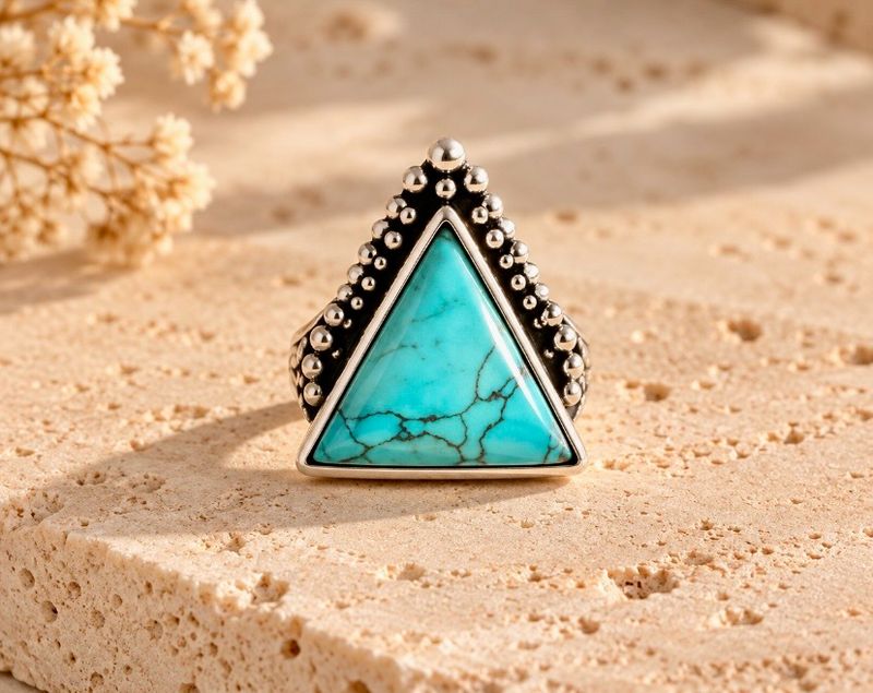 ANILLO DE PLATA TIBETANA Y TURQUESA TRIANGULAR