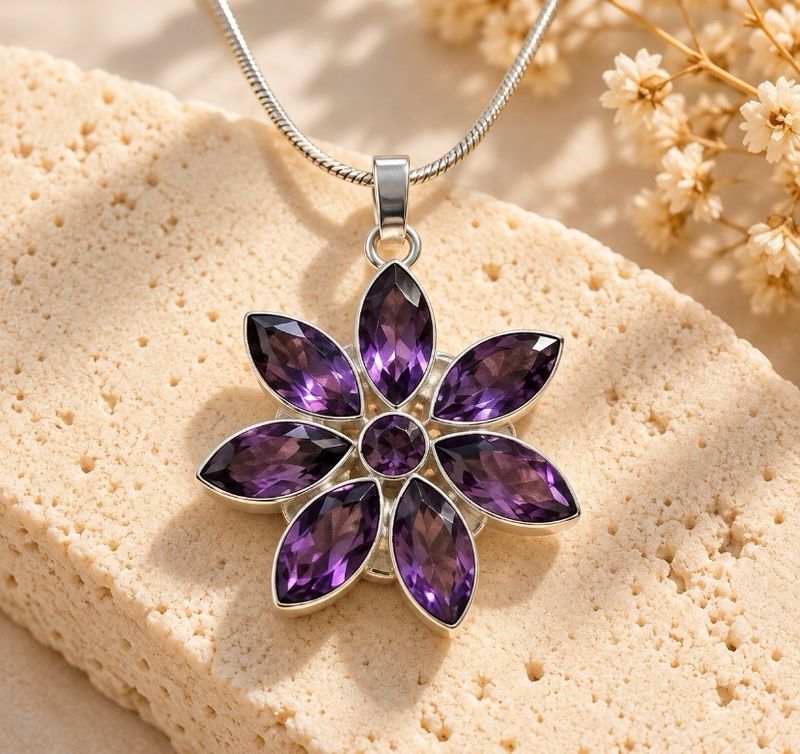 COLGANTE CON FLOR DE 7 AMATISTAS ENGASTADAS EN PLATA DE LEY