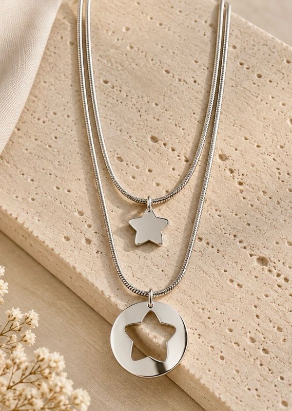 2 COLGANTES SUPERPUESTOS DE ESTRELLAS,Plata 925