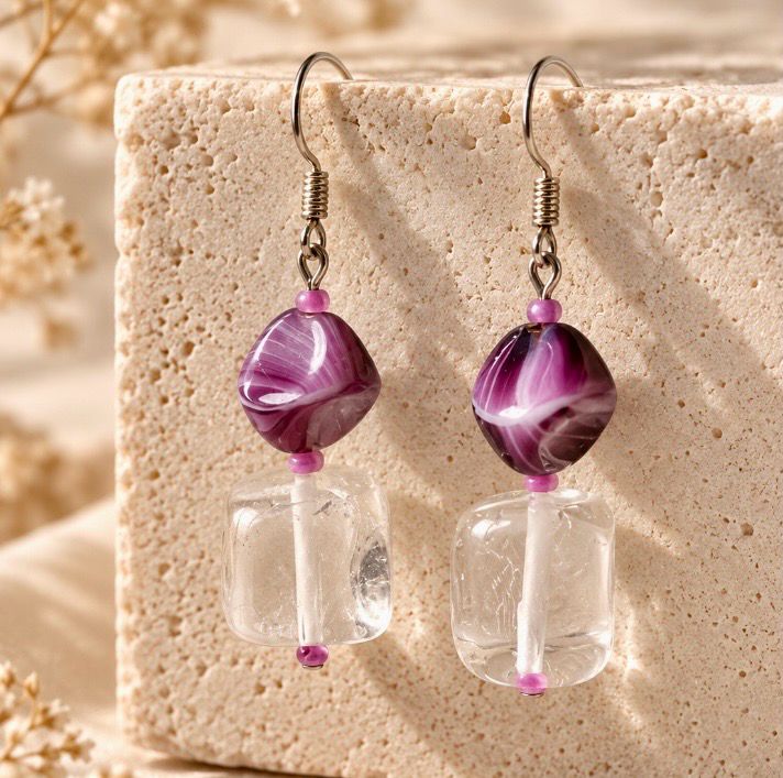 PENDIENTES DE AMATISTA Y CUARZO TRANSPARENTE