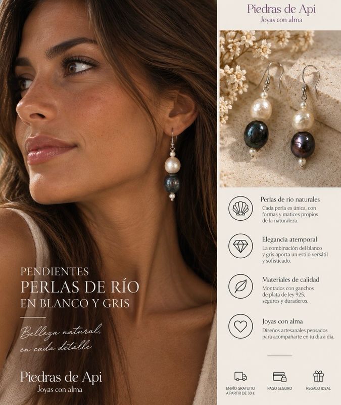 PENDIENTES PERLAS DE RÌO EN BLANCO Y GRIS