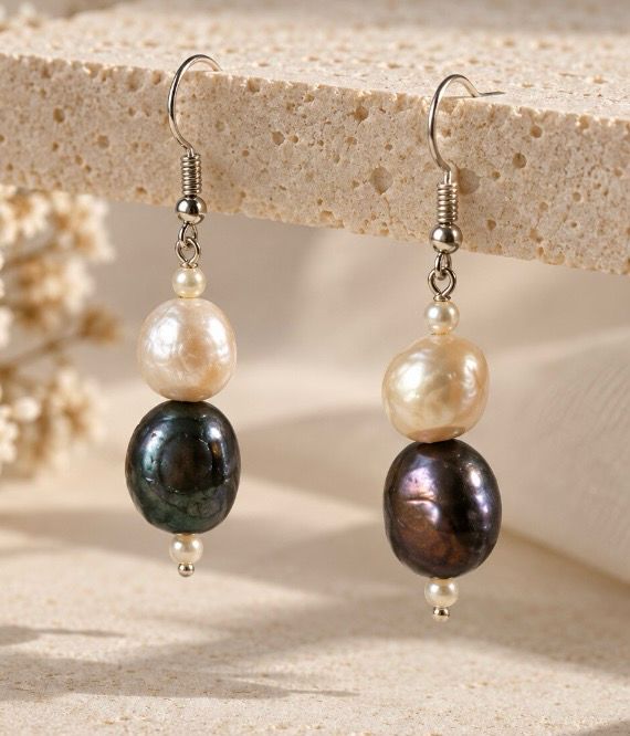 PENDIENTES PERLAS DE RÌO EN BLANCO Y GRIS