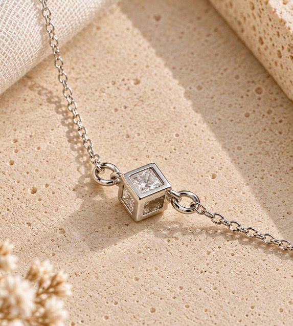 Colgante de cadenita con cubo de plata con circonita.
