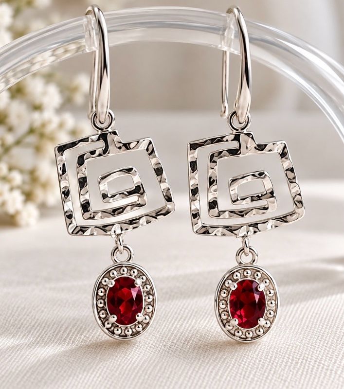 Pendientes de topacio rojo y elemento cuadrado en plata.