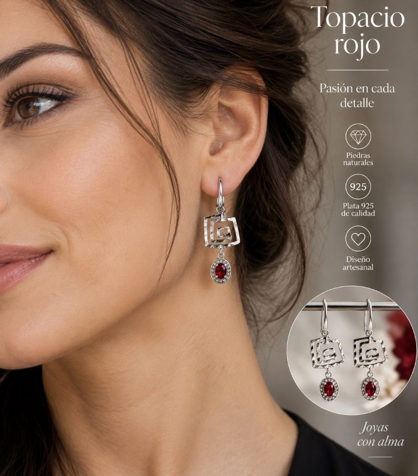 Pendientes de topacio rojo y elemento cuadrado en plata.