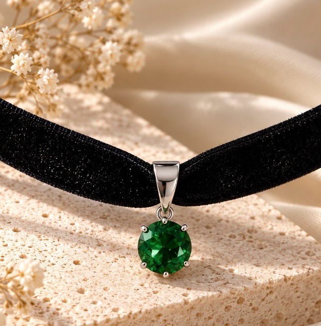 Chocker de circonita verde engastada en plata de ley.