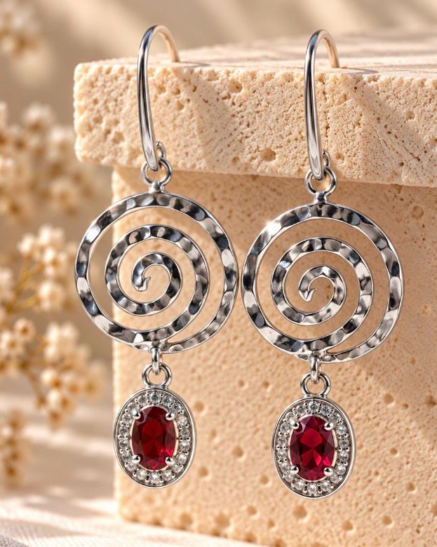 Pendientes con topacio rojo y elemento circular en plata.