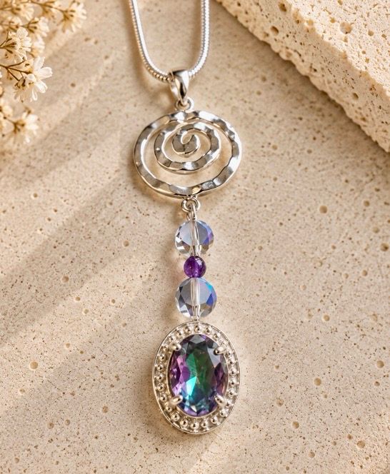 Colgante de topacio arcoiris y elemento circular en plata con bolitas de cristal y amatista.