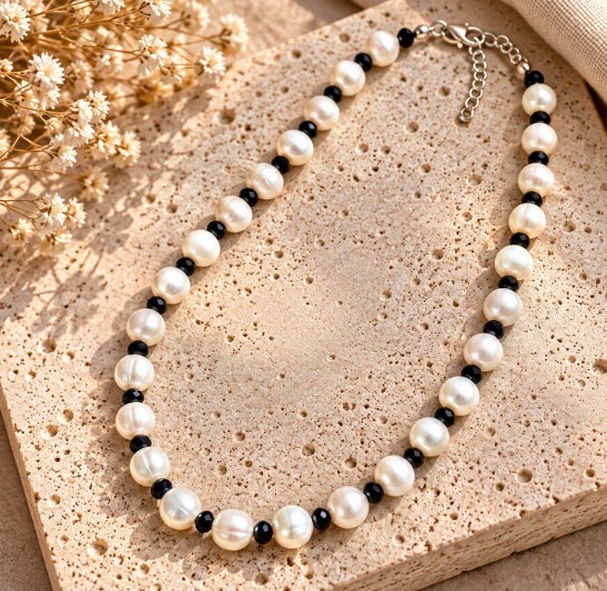 Collar de perlas naturales y cristales negros.
