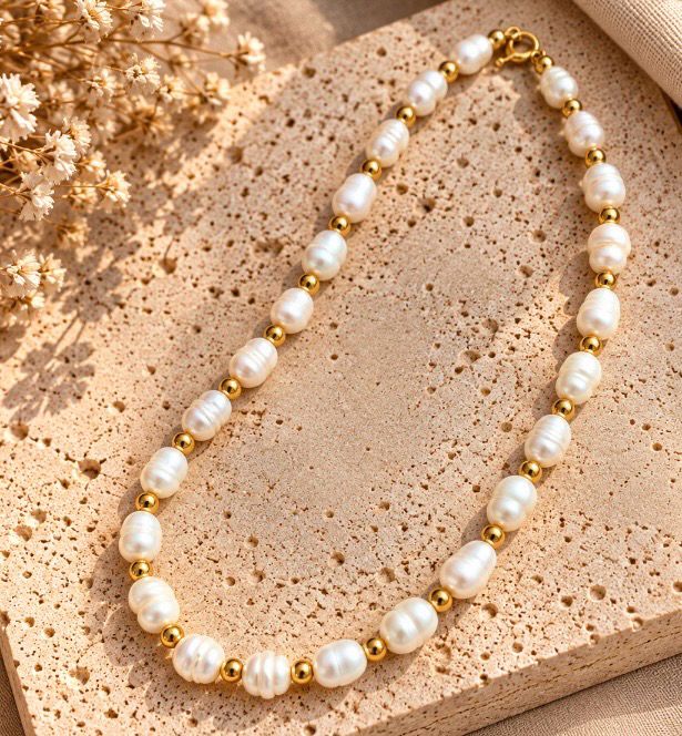 Collar de perlas de río y bolita dorada.