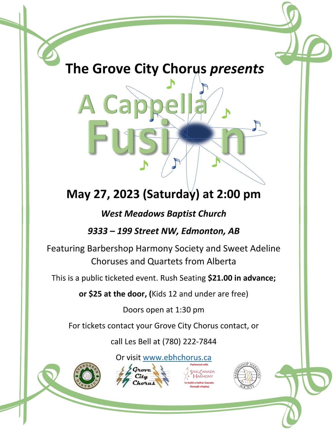 A Cappella Fusion Matinee Ticket (General Admission) for 2 pm, May 27, 2023 at West Meadows Baptist Church (9333-199st, Edmonton)