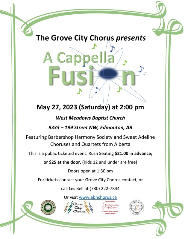 A Cappella Fusion Matinee Ticket (General Admission) for 2 pm, May 27, 2023 at West Meadows Baptist Church (9333-199st, Edmonton) A Cappella Fusion Matinee Ticket (General Admission) for 2 pm, May 27, 2023 at West Meadows Baptist Church (9333-199st, Edmonton)