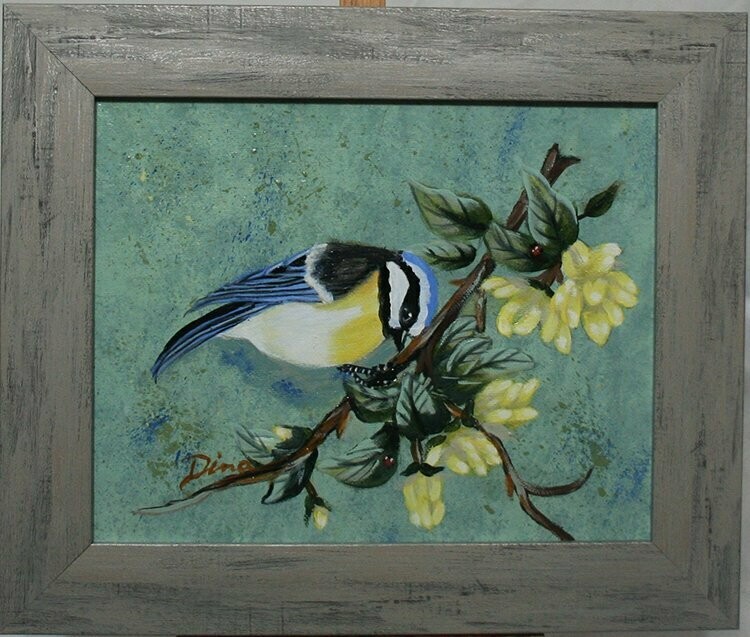 Painting - Blue, White, Yellow Bird On Dogwood Branch