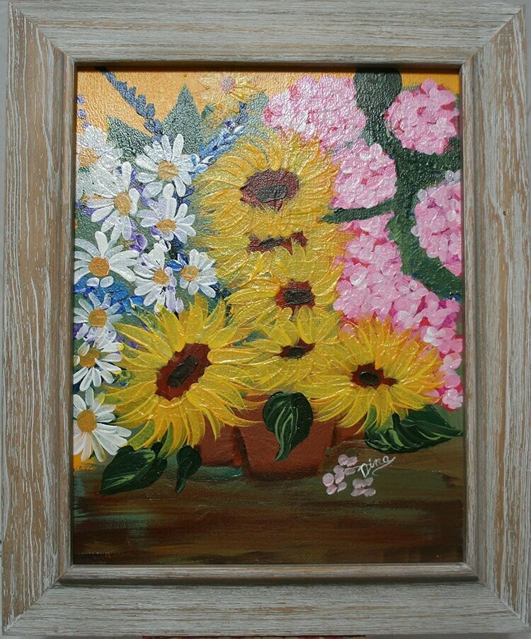 Painting - Sunflowers, Daisies & Hydrangeas In Pots