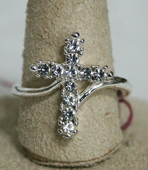 Ring: Ladies - Sterling Silver Cross -Diamonds - Size 9