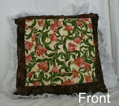 Pillow - Quilted - Pink/Green Florals - Lace