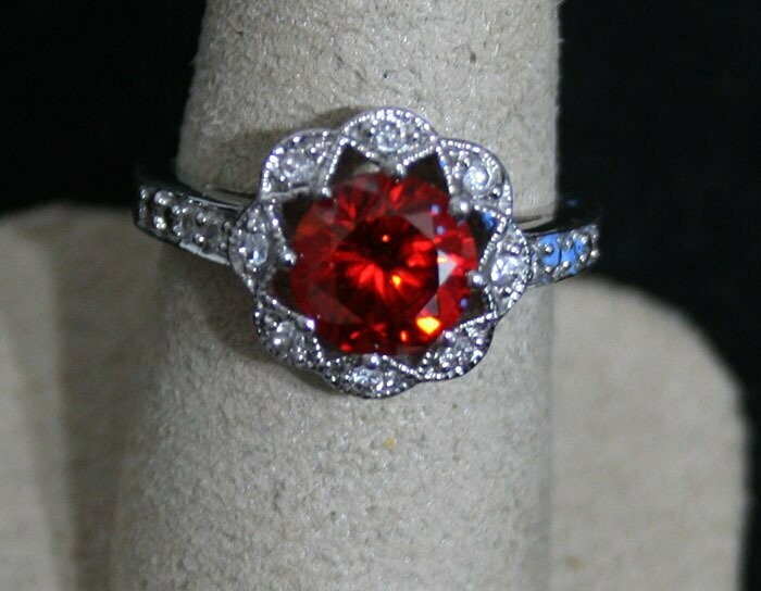 Ring: Ladies -Sterling Silver - Ruby/Diamonds - Size 6 1/2