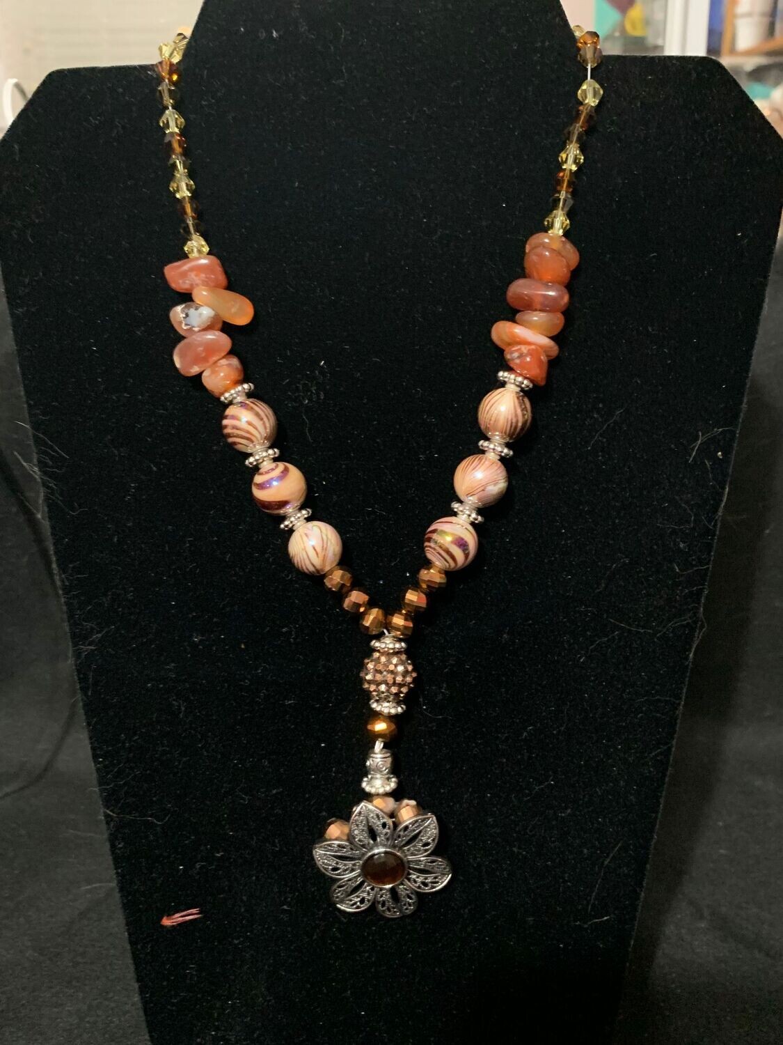 Necklace-Carnelian Agate-Floral-16"