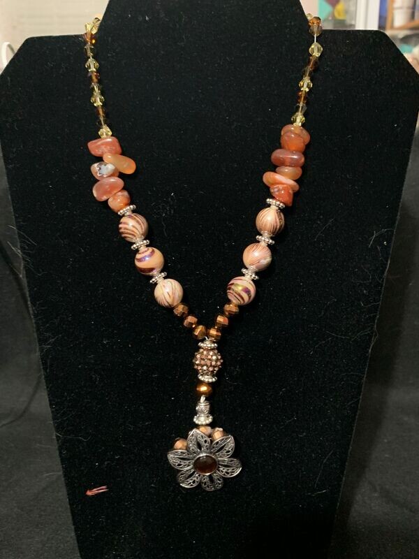 Necklace-Carnelian Agate-Floral-16"