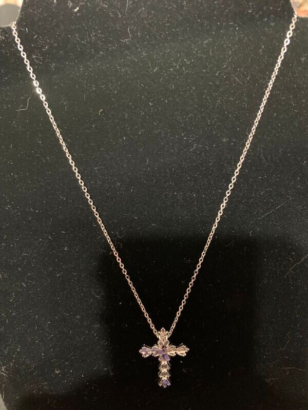 Necklace-Sterling Silver w/ Cross w/Diamond.- 18"