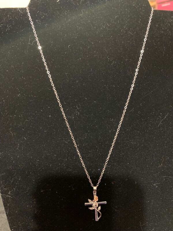 Necklace-Sterling Silver w/ Cross w/Diamond.- 17"