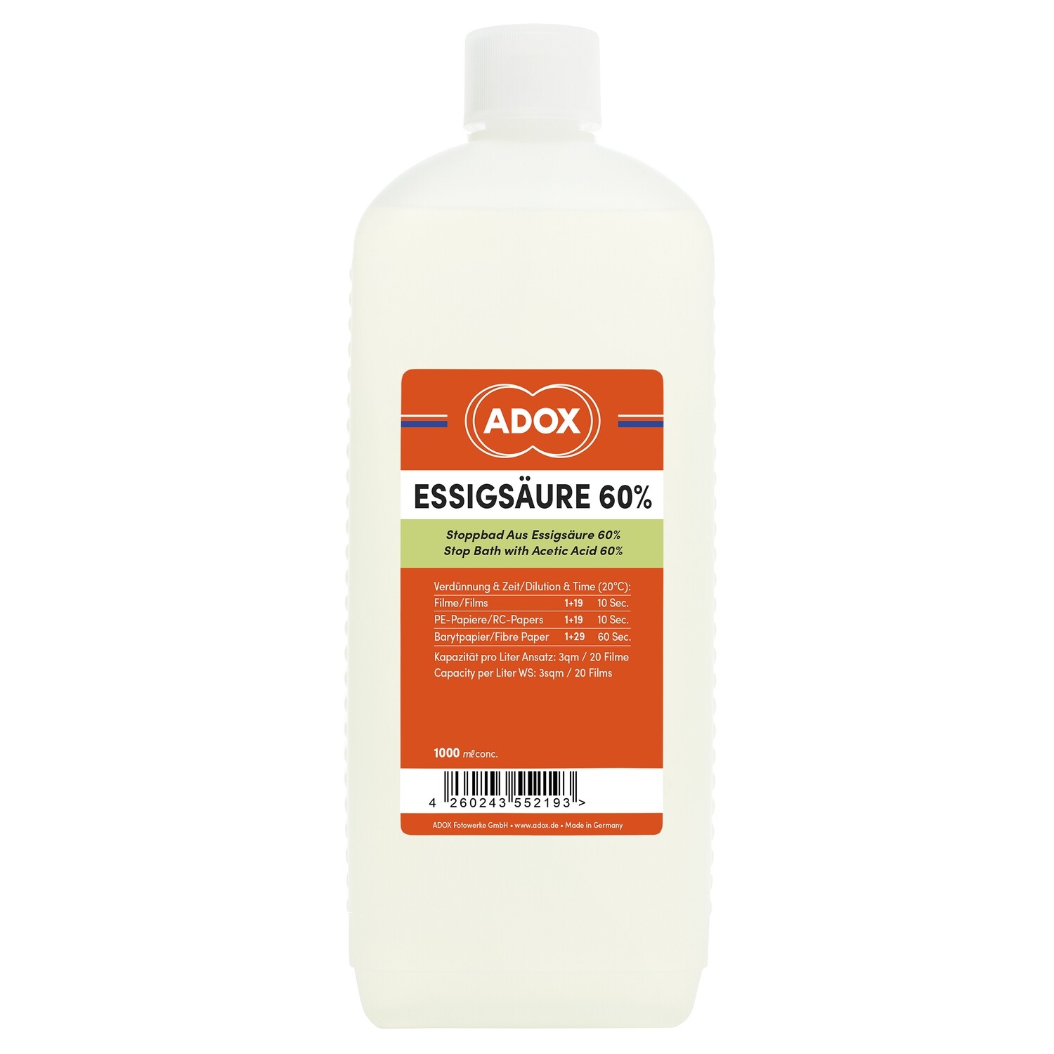 ADOX Essigsäure 60%ig 1 Liter Konzentrat mit Indicator -Universalstoppbad