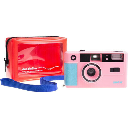 dubble film SHOW 35mm Reusable Flash Camera with Case and Neck Strap (Pink)
