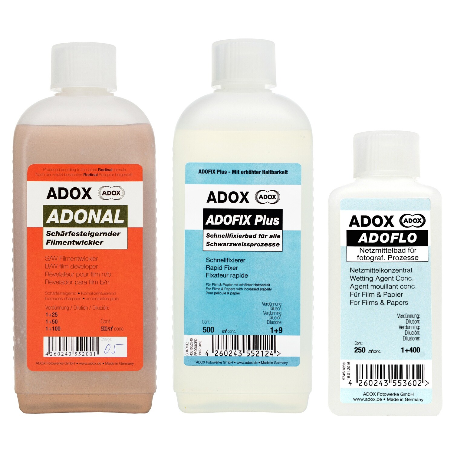 Kit consisting of ADOX RODINAL 2x 500 ml concentrate + ADOX ADOFIX Plus express fixative 2x 500 ml concentrate + ADOX ADOFLO II wetting agent 500 ml concentrate