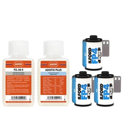 Kit of 3 X ILFORD FP4 135/24 35mm film + ADOX FX-39 TYPE II 100 ml concentrate + ADOX ADOFIX Plus Express Fixer BABY 100 ml concentrate expired MHD 12/2026