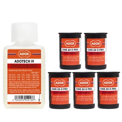 Kit of 5 X ADOX CMS 20 II 135/36 35mm film + ADOX Adotech IV for up to 6 35mm or roll films 100 ml concentrate - the highest resolution film in the world