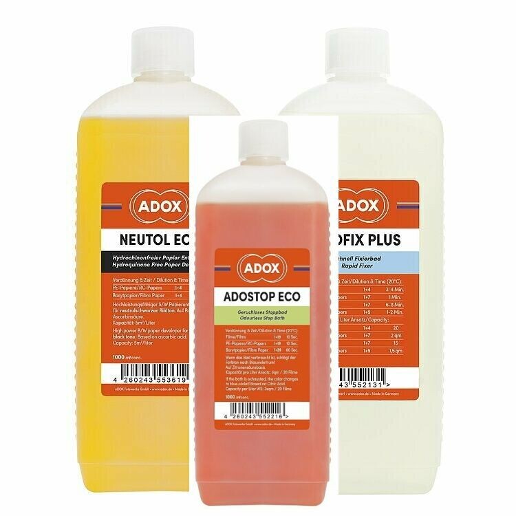 Kit of 1 X ADOX NEUTOL ECO 1000 ml concentrate + ADOX ADOFIX Plus express fixer 1000 ml concentrate + ADOX Ecostop universal stop bath 1000 Milliliter Bottle.