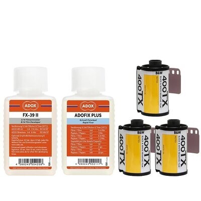 Kit of 3 X KODAK Tri-X 400 135/36 35mm film + ADOX FX-39 TYPE II 100 ml concentrate + ADOX ADOFIX Plus Express Fixer BABY 100 ml concentrate expired 05/2025